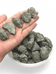 Close up of Pachamama Essentials Pyrite from Peru showing natural size and hue variations