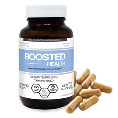 Pacific Gold Boosted Health bottle front showing the mushroom complex packaging and label.