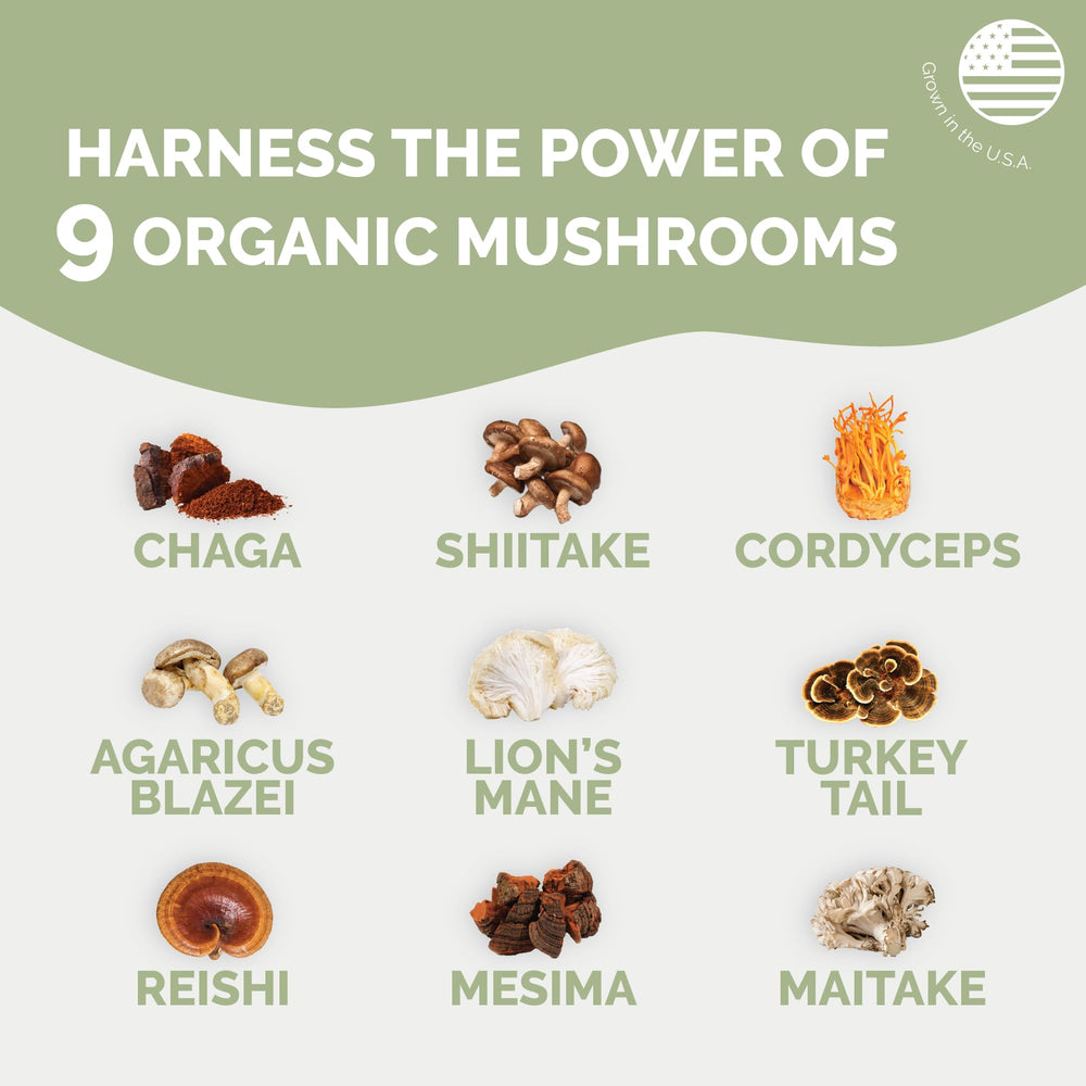 Pacific Gold Boosted Health ingredients panel reveals organic mushroom components.