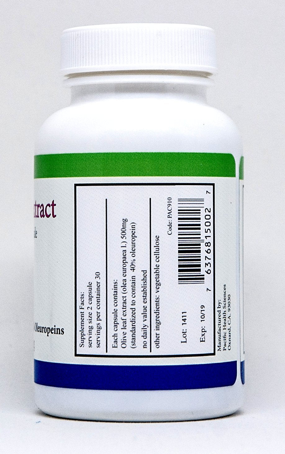 Pacific Health Sciences olive leaf extract label highlights 40% oleuropeins potency.