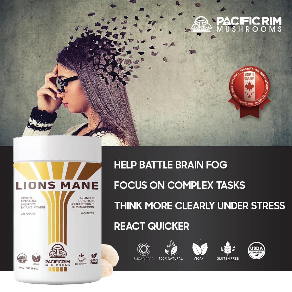 Packaging and label of Pacific Rim Mushrooms Lions Mane product