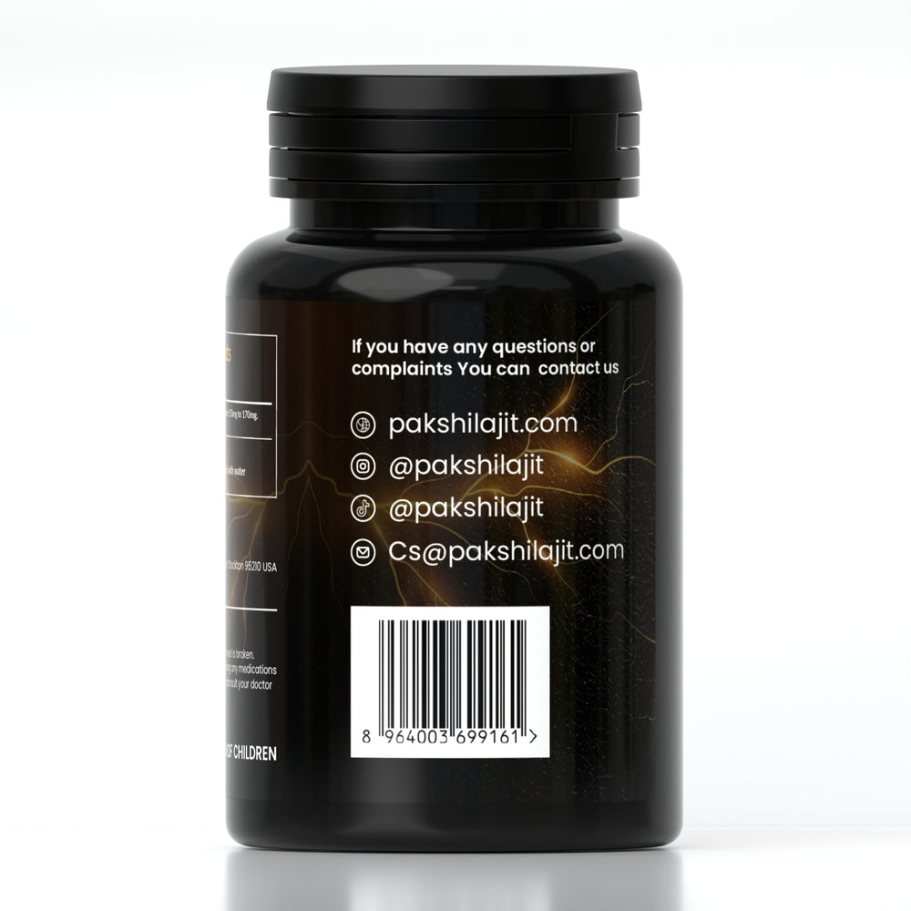 PakShilajit Packaging image communicates purity and filler-free capsules.