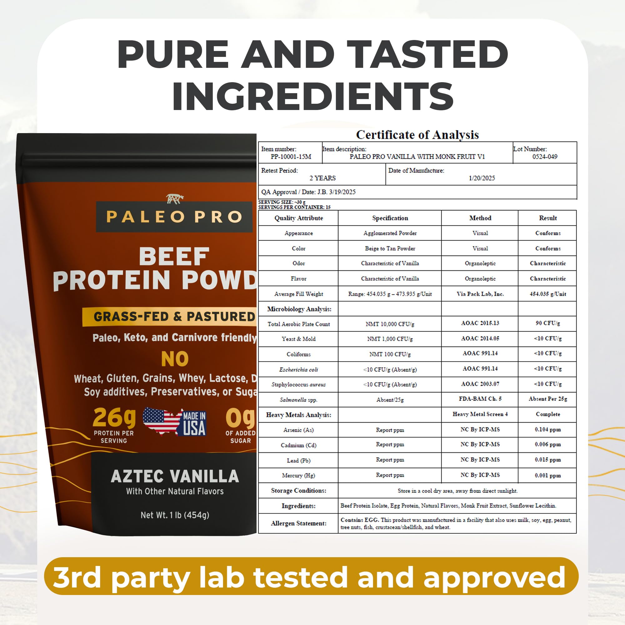 Paleo Pro 26G beef protein powder scoop showing convenient serving