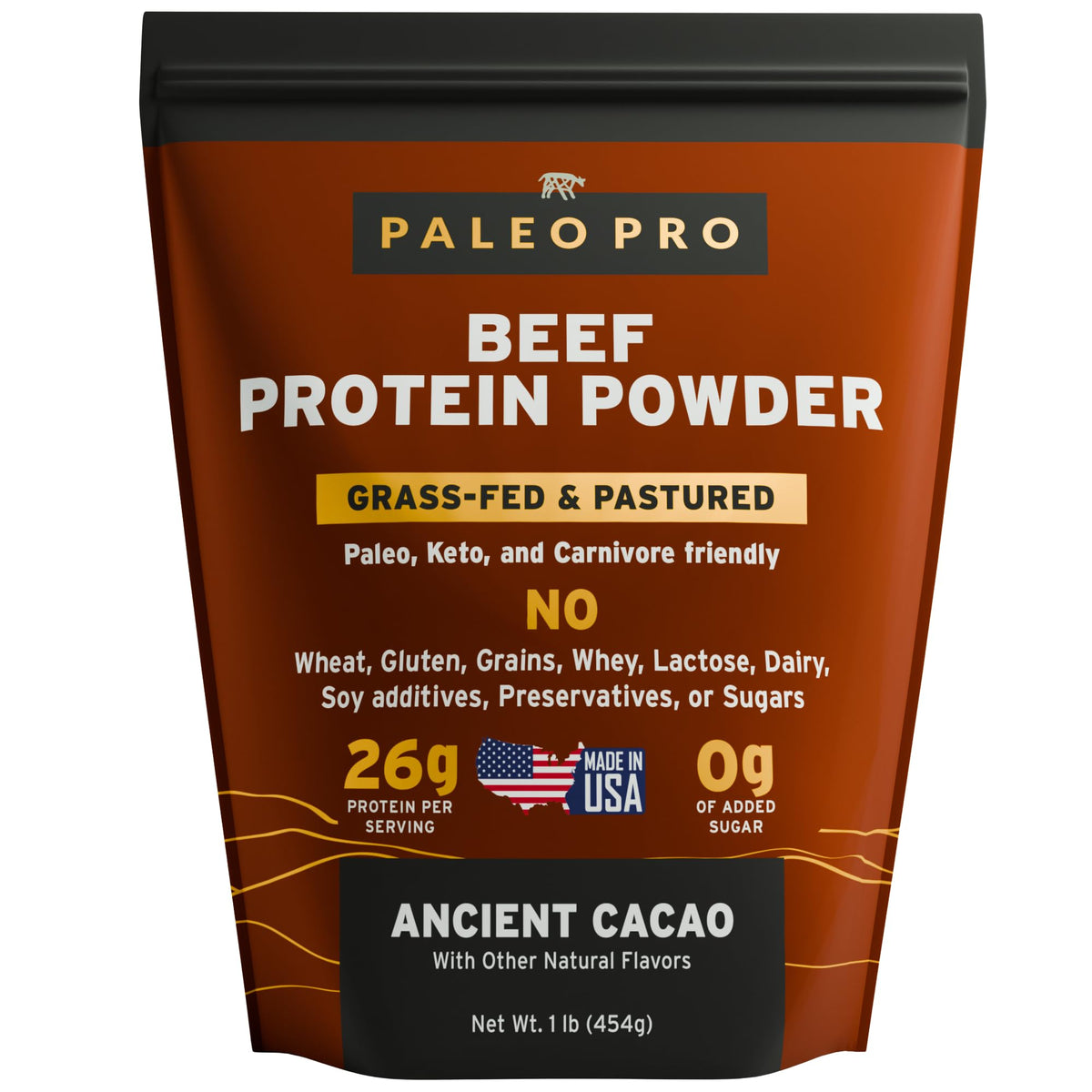 Paleo Pro beef protein powder tub front, highlighting a high protein paleo option