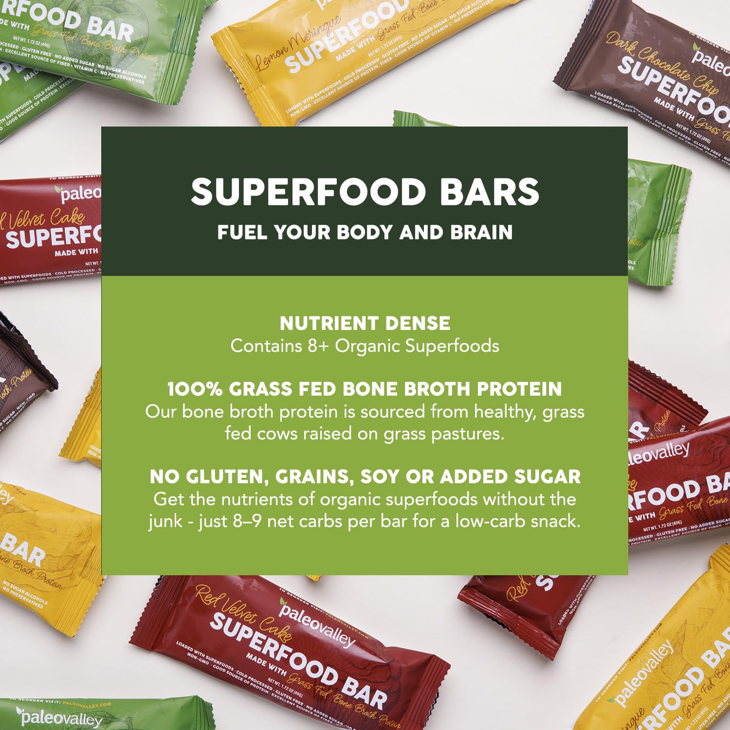 Paleovalley Bars allergen-free packaging emphasizing gluten-free and non-GMO