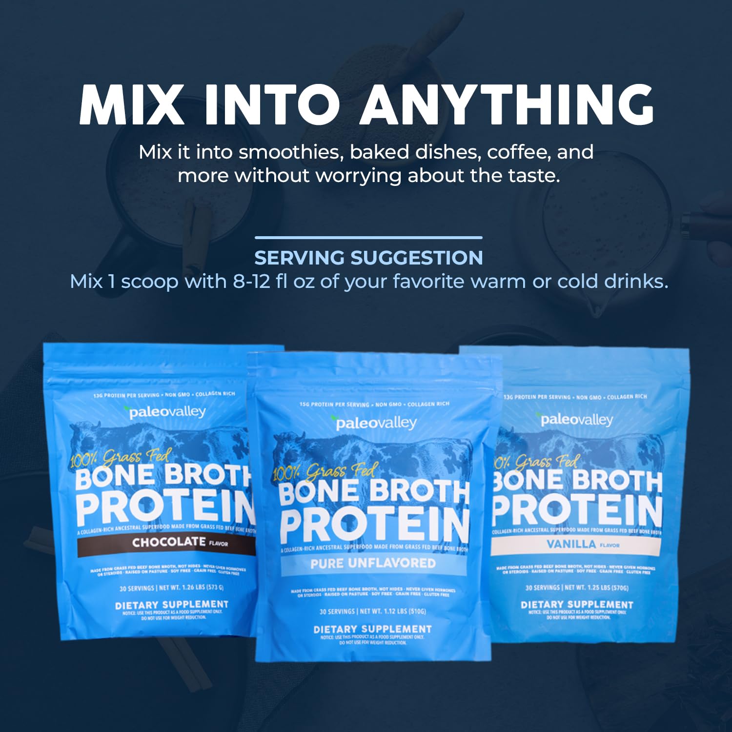 Paleovalley bone broth powder mixed into coffee for savory boost