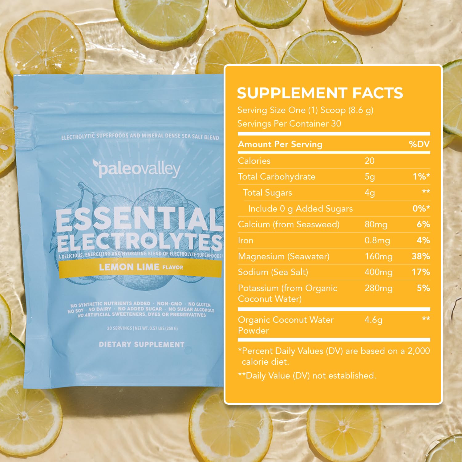 Paleovalley Essential Electrolytes bottle label closeup highlights clean no sugar formula.
