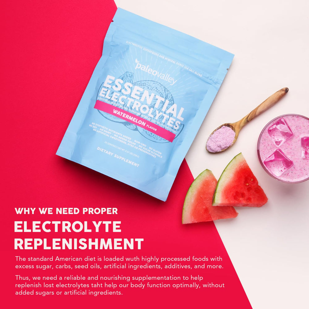 Close-up of Paleovalley Essential Electrolytes label with no sugar added claim