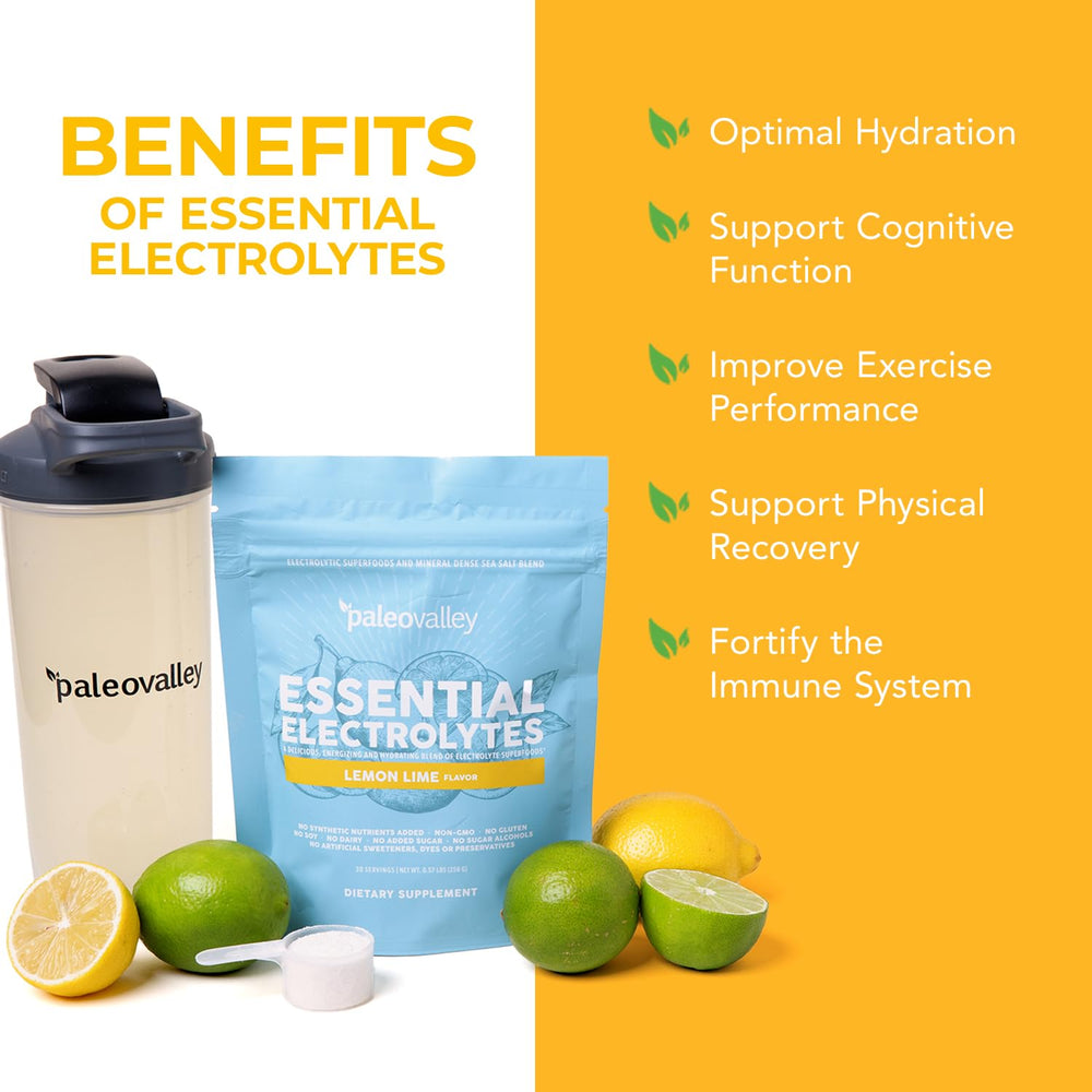 Paleovalley Essential Electrolytes Lemon Lime dissolving in a glass for quick refreshment.