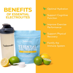 Paleovalley Essential Electrolytes Lemon Lime dissolving in a glass for quick refreshment.