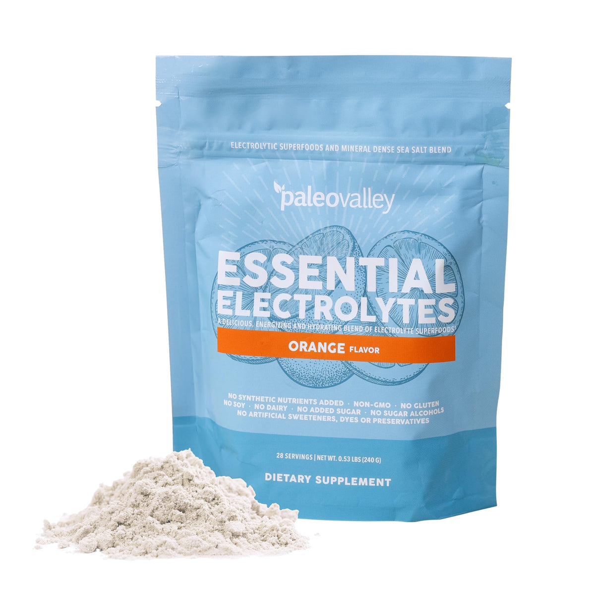 Paleovalley Essential Electrolytes orange bottle for hydration and energy.