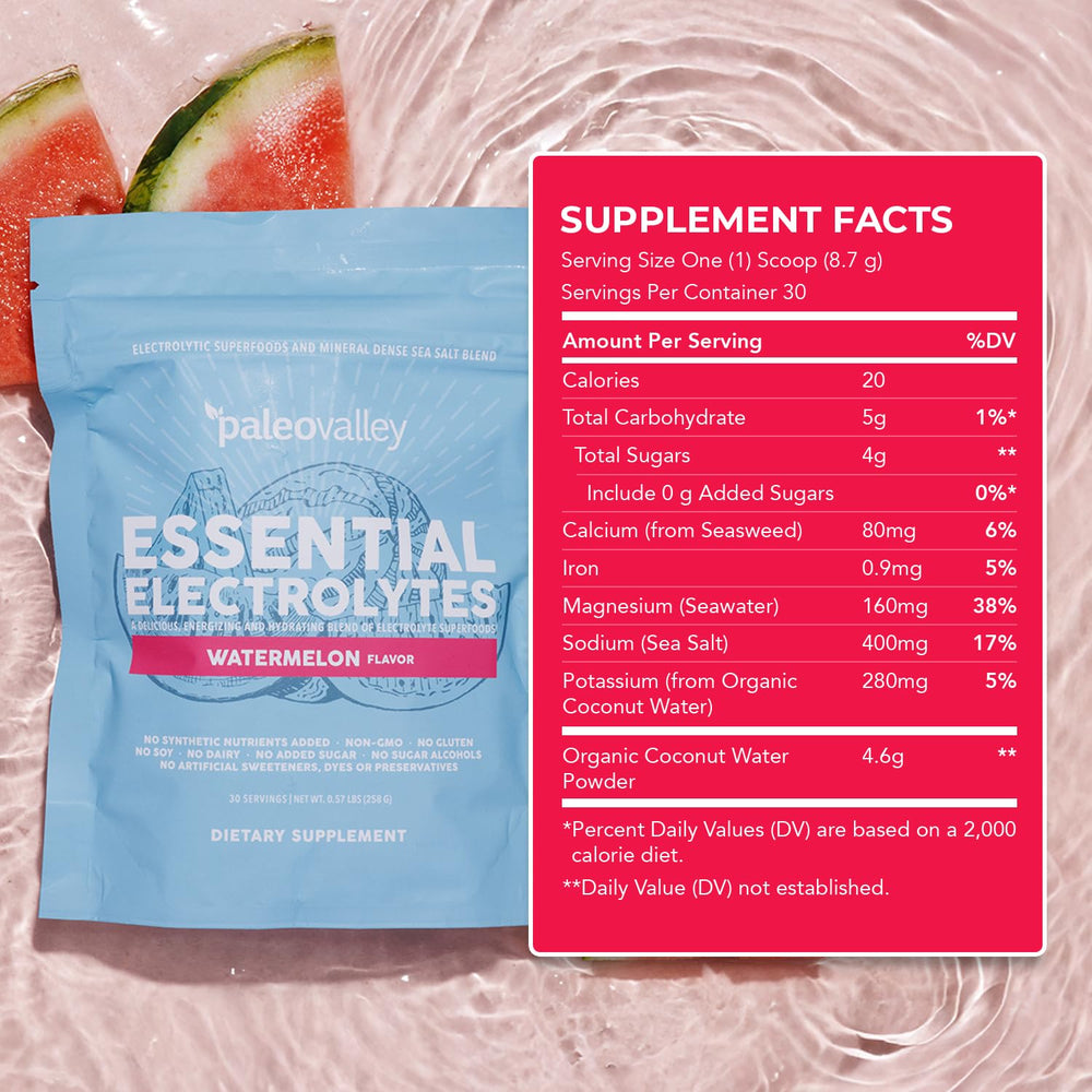 Packaging image showing Paleovalley Essential Electrolytes 30 servings