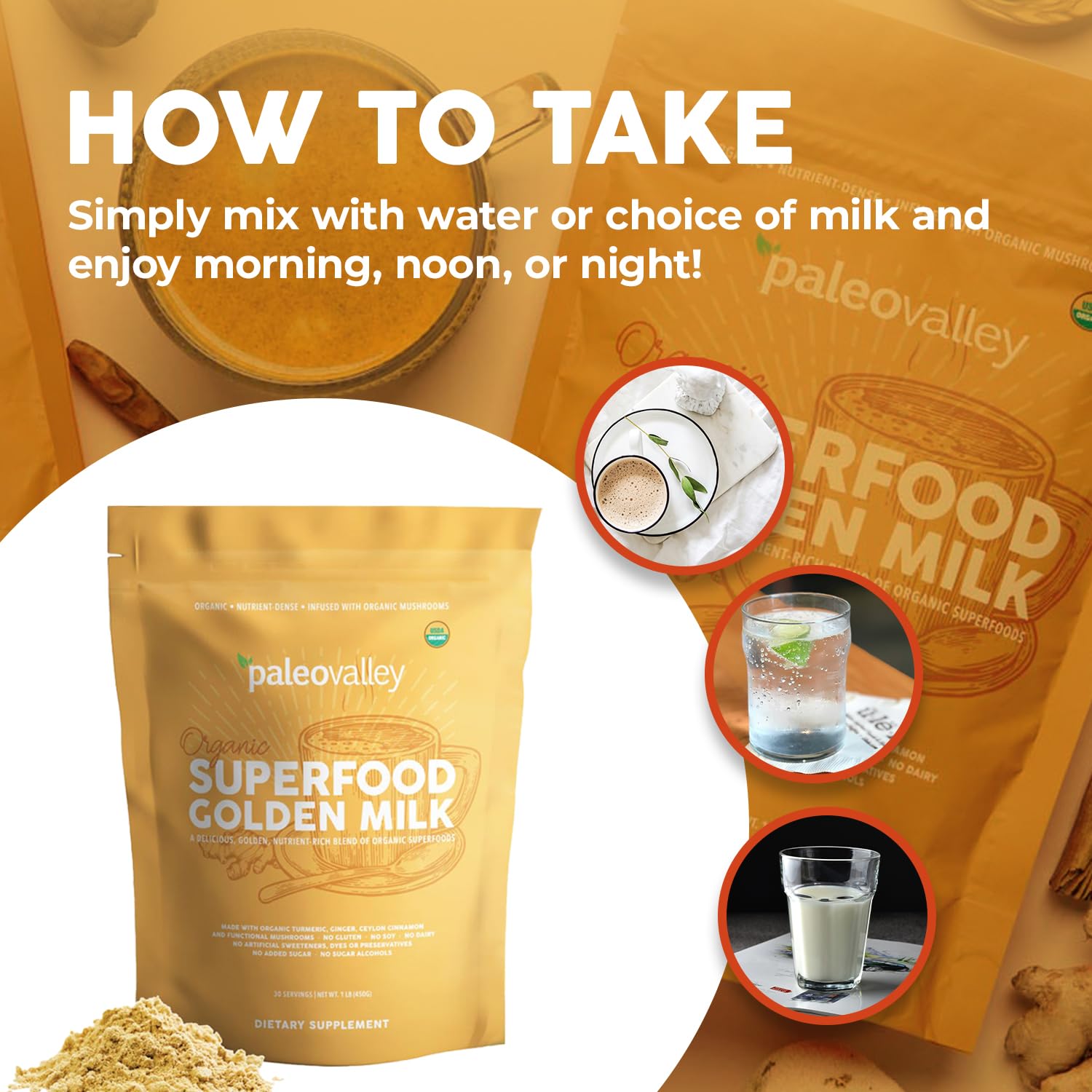 Paleovalley Golden Milk setup with black pepper and pink salt for flavor and absorption.