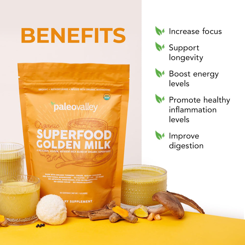 Paleovalley Golden Milk bottle shows full mushroom blend with shiitake, lion’s mane, reishi, and cordyceps.