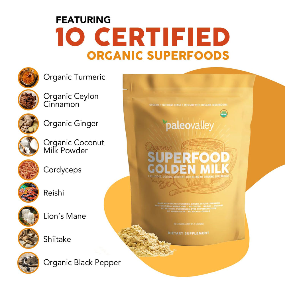 Paleovalley Golden Milk canister highlights turmeric, ginger, and cinnamon for warm spice notes.