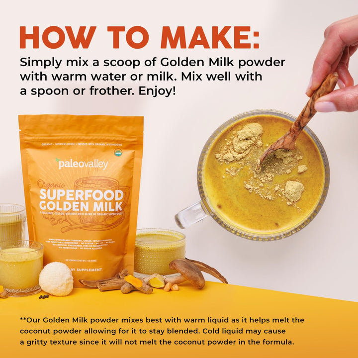 Paleovalley Golden Milk serving cup shows frothy drink ready to sip.