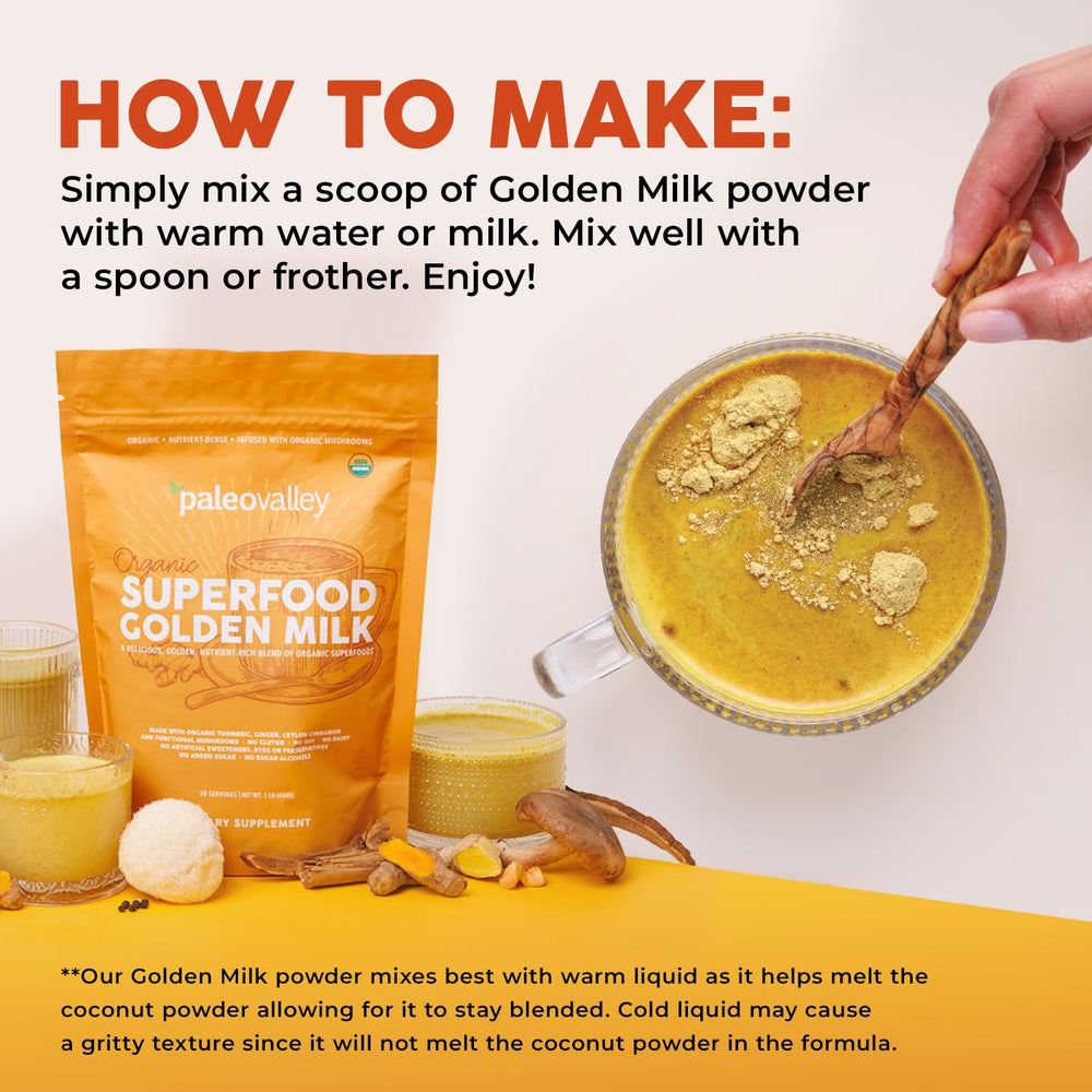 Paleovalley Golden Milk serving cup shows frothy drink ready to sip.