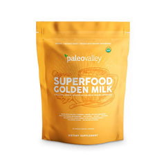 Paleovalley Golden Milk bottle with turmeric and coconut for daily immune-support rituals.