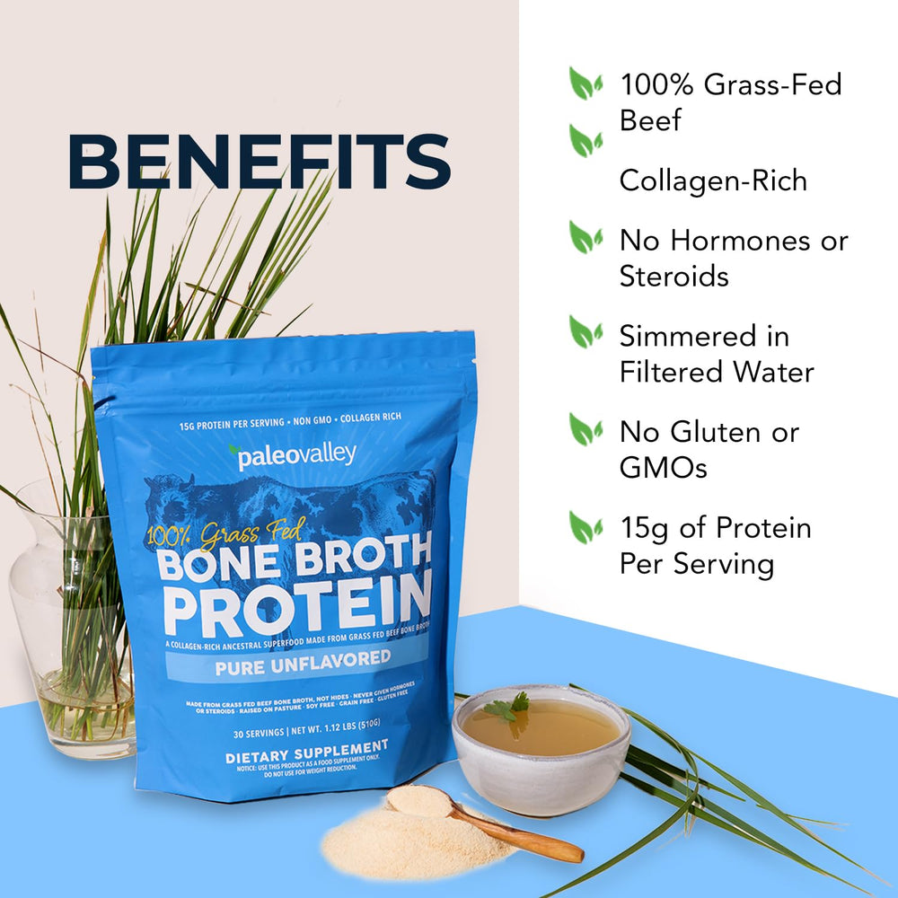 Paleovalley grass-fed beef bone broth powder tin on kitchen counter