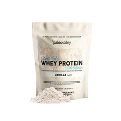 Paleovalley grass-fed whey bottle for lean muscle support during training.