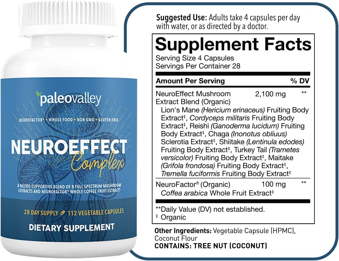 Paleovalley NeuroEffect bottle label highlighting 8 full-spectrum mushroom extracts.