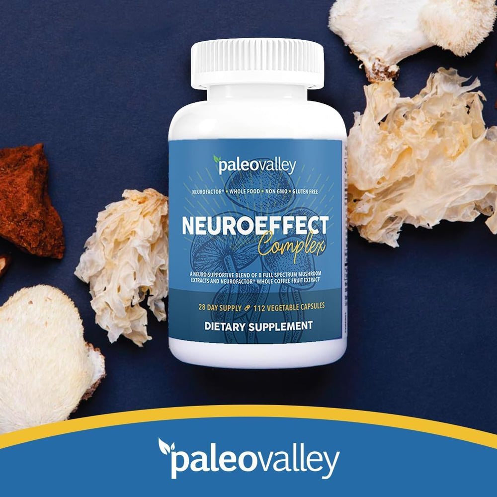 Close-up of Paleovalley NeuroEffect mushroom blend capsules.