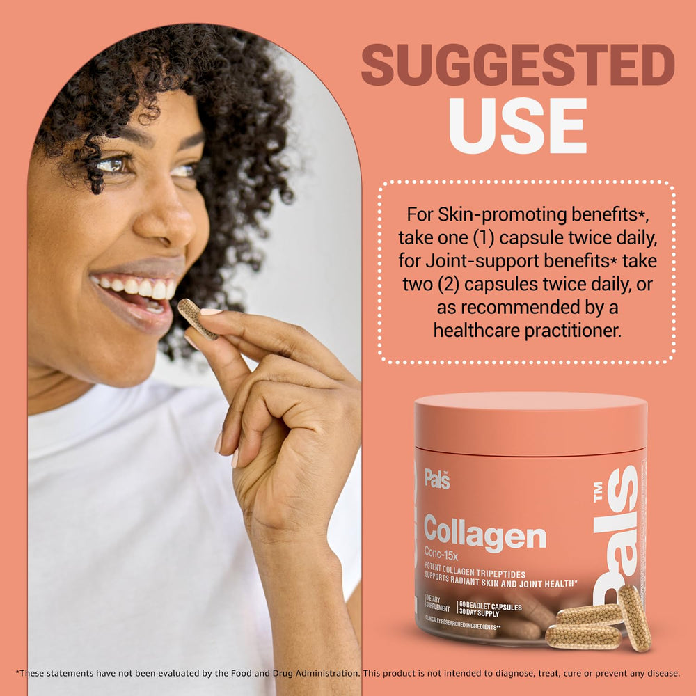 PALS capsules next to skincare routine suggest radiant skin