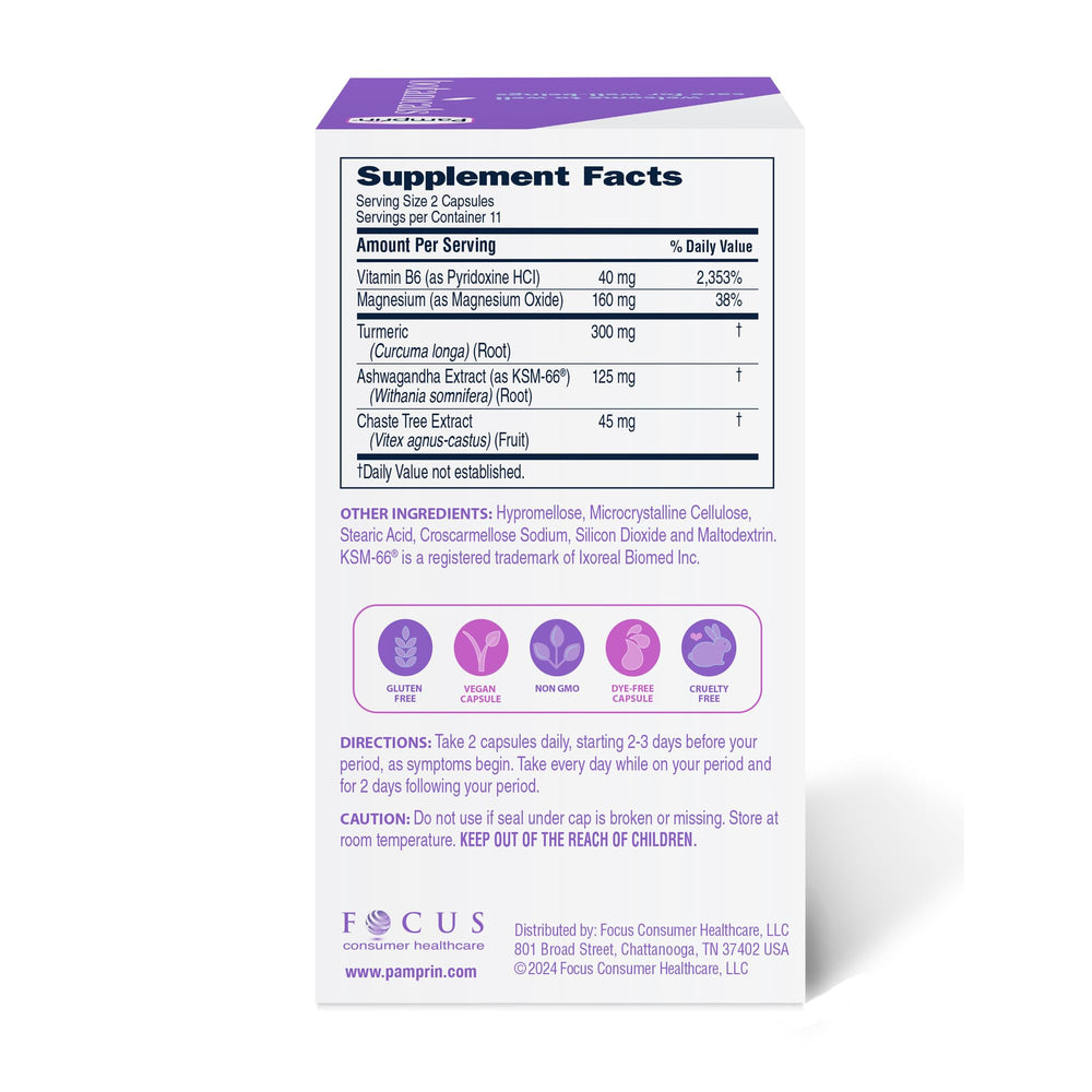 Pamprin Botanicals: etiqueta de ingredientes que destacan botánicos y vitaminas clave para el equilibrio del ciclo.