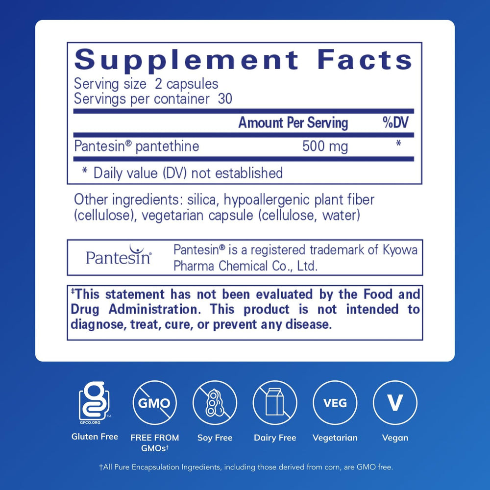 Pantethine capsules up close highlighting easy-to-swallow design for daily use.