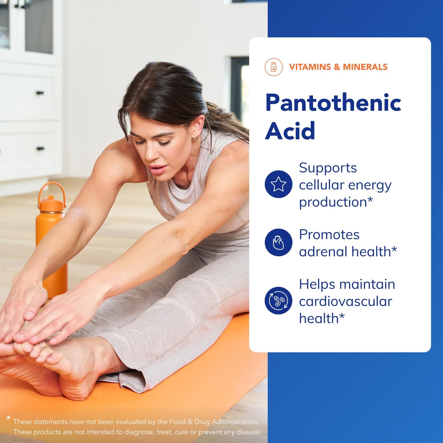 Pantothenic Acid bottle label close-up emphasizes purity and allergen-free formulation.