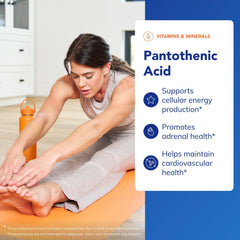 Pantothenic Acid bottle label close-up emphasizes purity and allergen-free formulation.