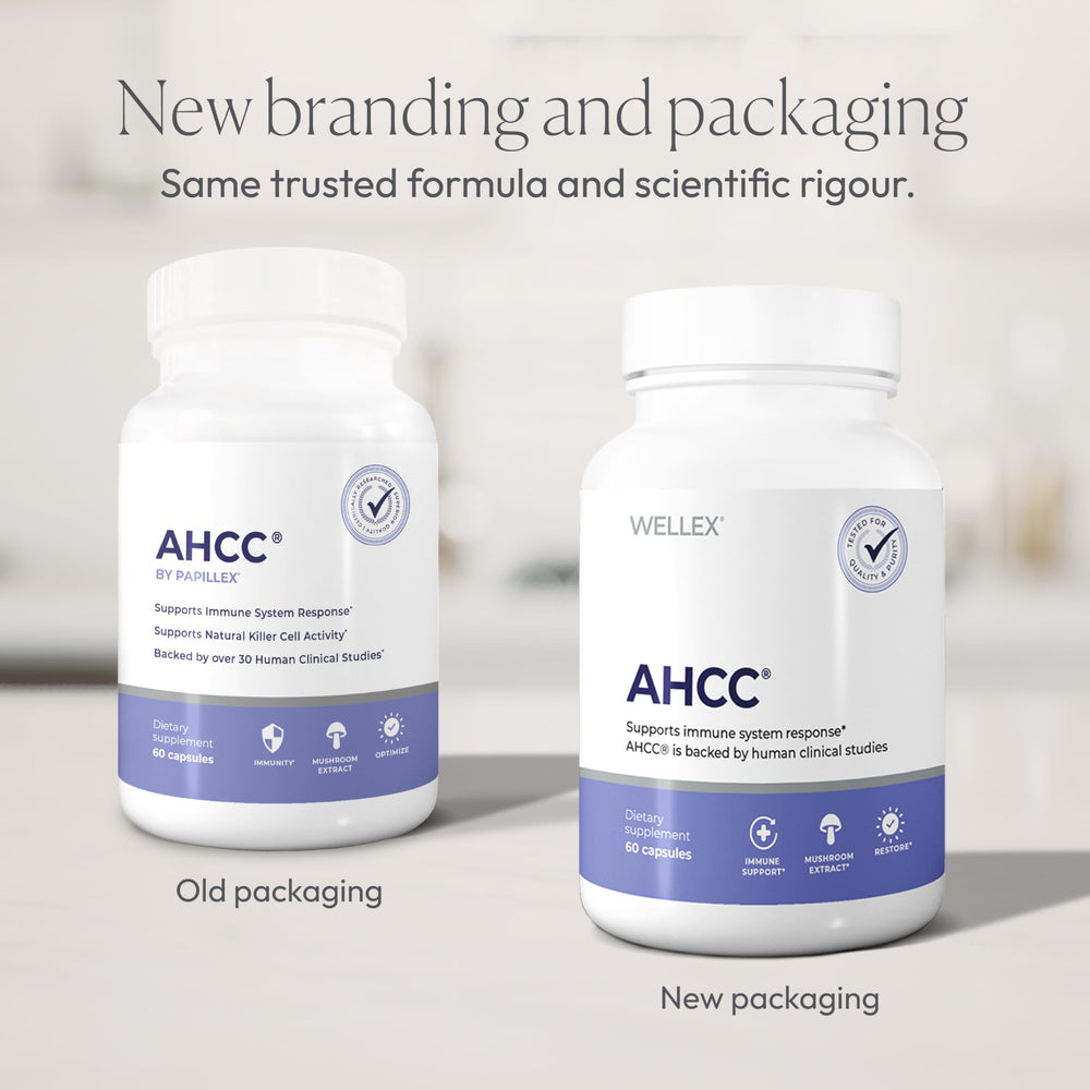 Papillex AHCC capsules displayed on green packaging to emphasize veggie capsules.