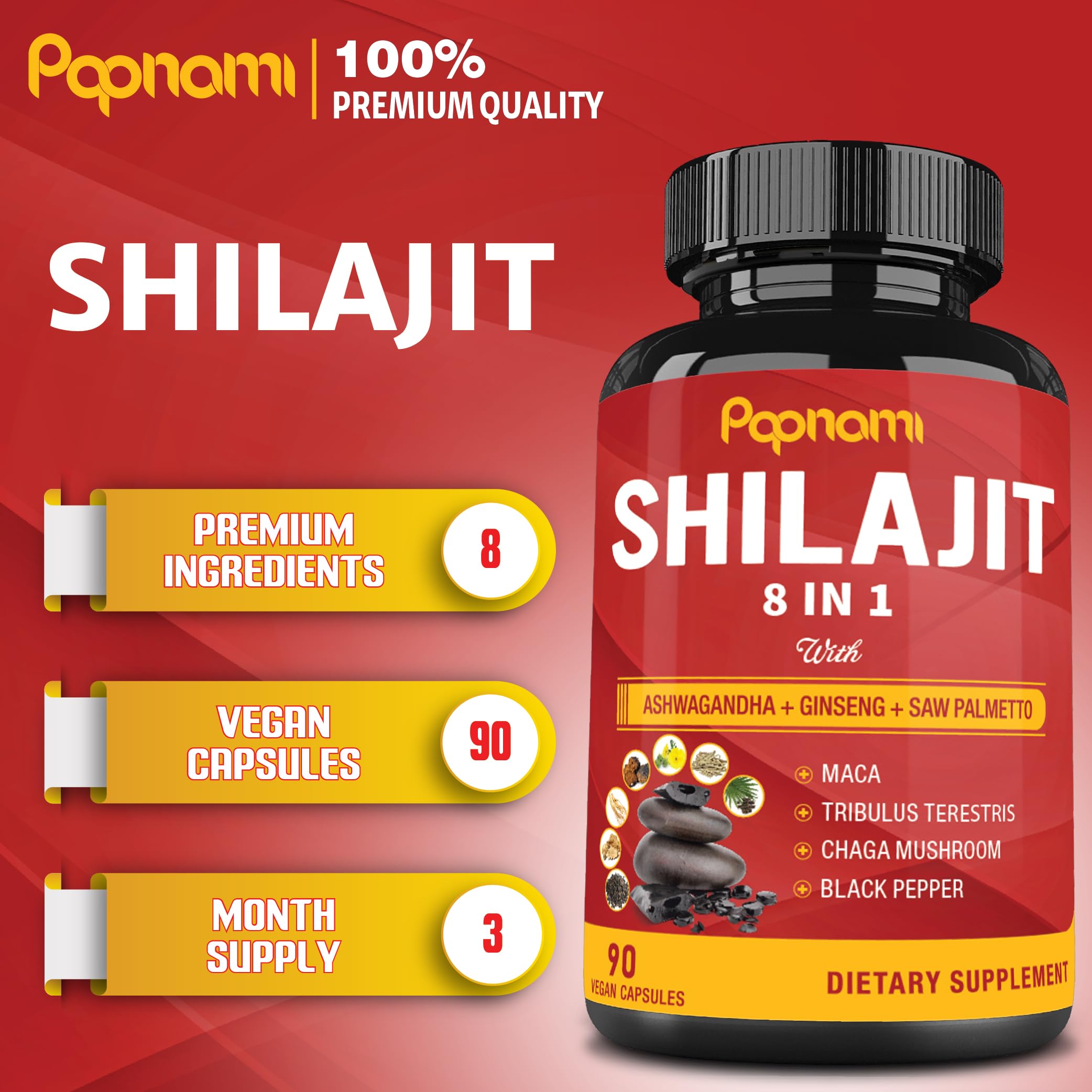 Papnami Shilajit capsules close-up with Ashwagandha and Ginseng for energy.