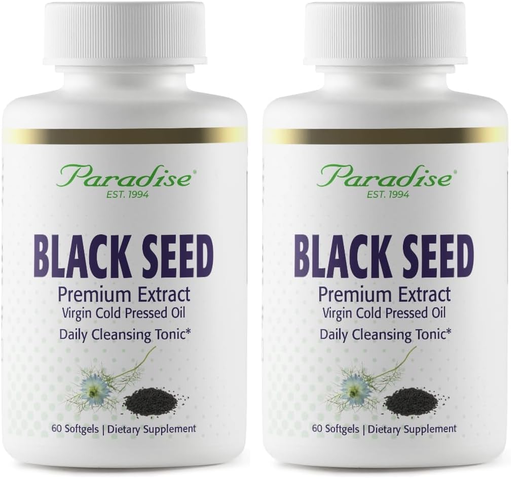 Paradise Black Seed Oil bottle pour showing antioxidant-rich formula for daily wellness.