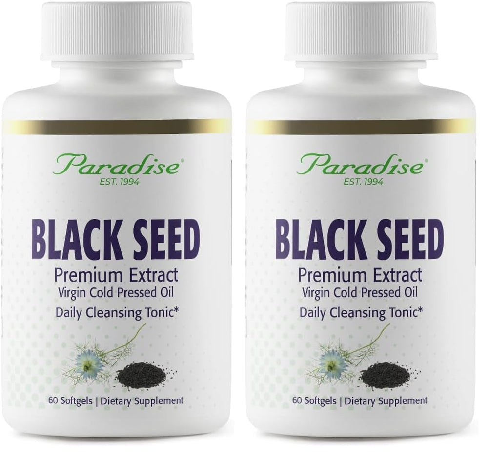 Paradise Black Seed Oil bottle pour showing antioxidant-rich formula for daily wellness.