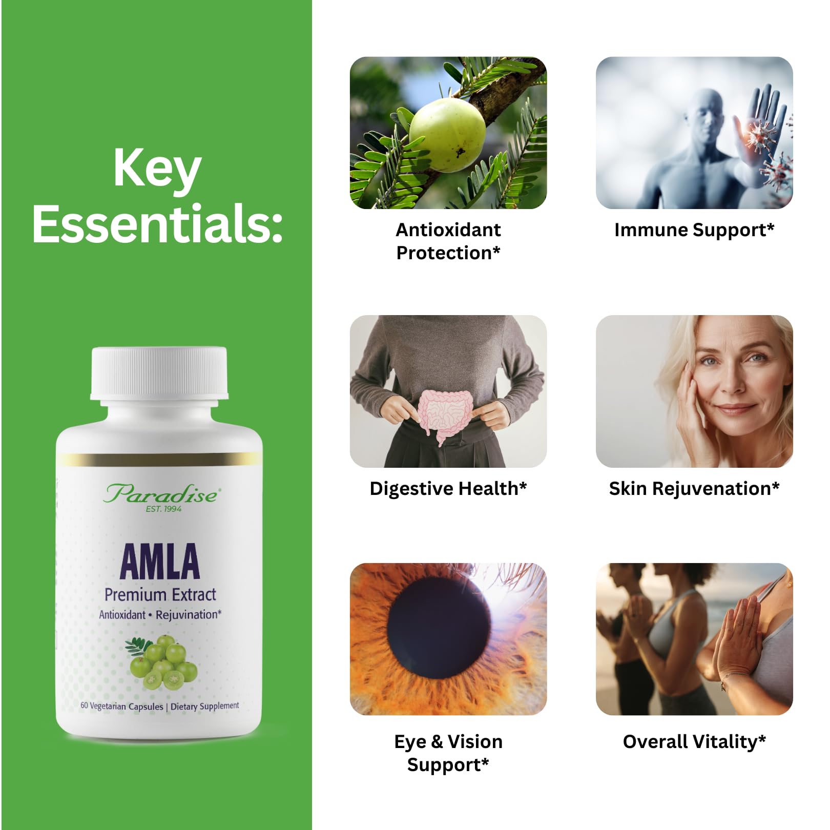 Paradise Herbs Amla bottle label showing GMP-certified quality and natural antioxidant benefits.