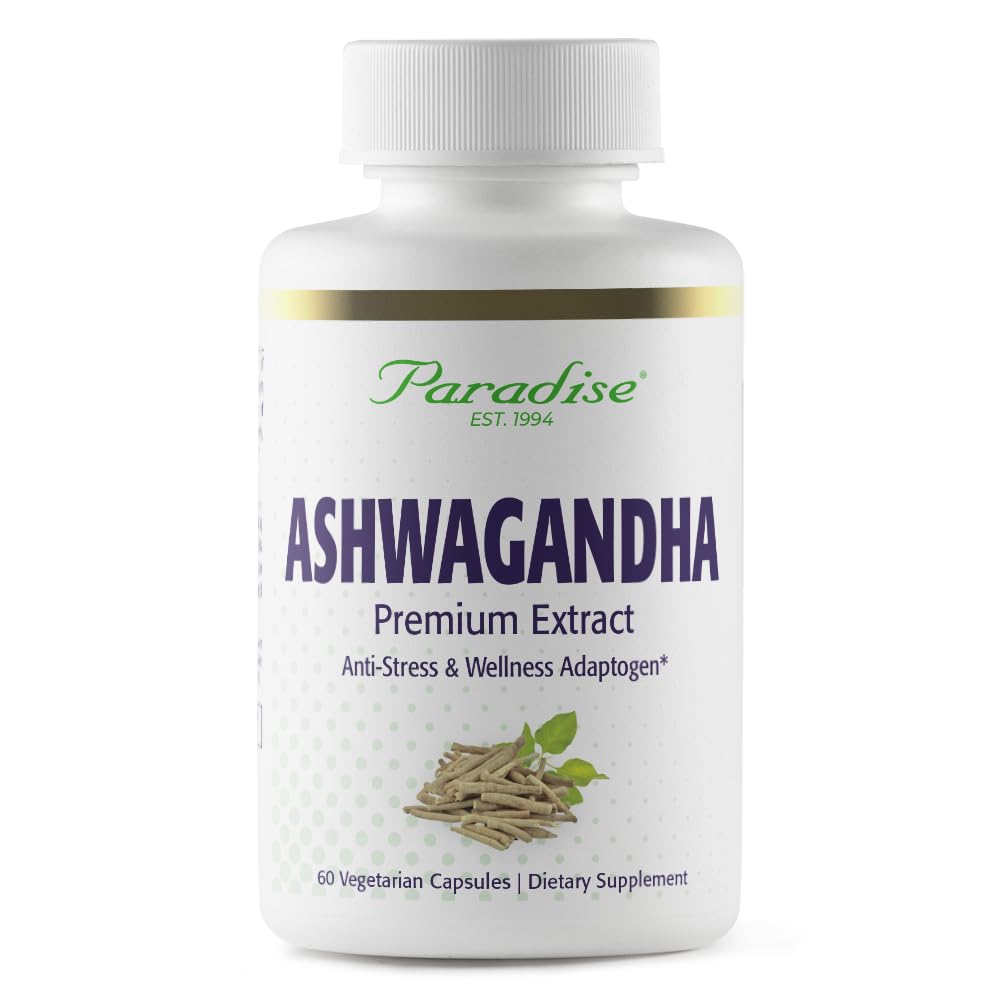 Paradise Herbs Ashwagandha bottle with capsules, suggesting a vegan organic supplement for daily wellness.