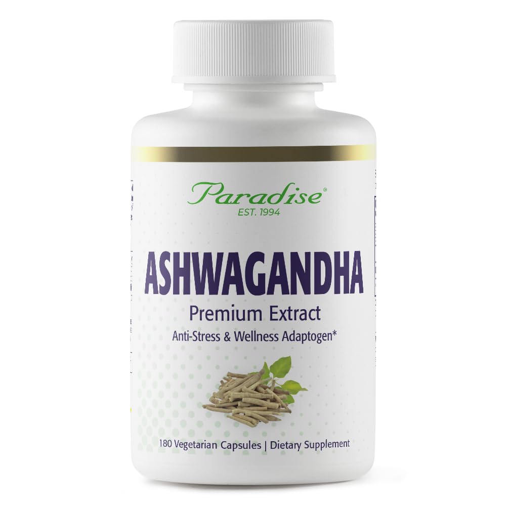 Paradise Herbs Ashwagandha capsules bottle on shelf, supporting calm energy.