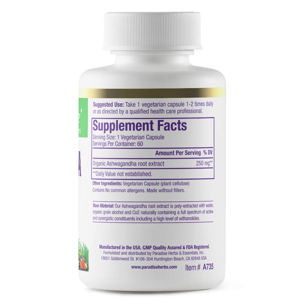 Paradise Herbs Ashwagandha capsules close-up, highlighting bioactive full-spectrum formula for absorption.