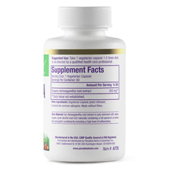 Paradise Herbs Ashwagandha capsules close-up, highlighting bioactive full-spectrum formula for absorption.