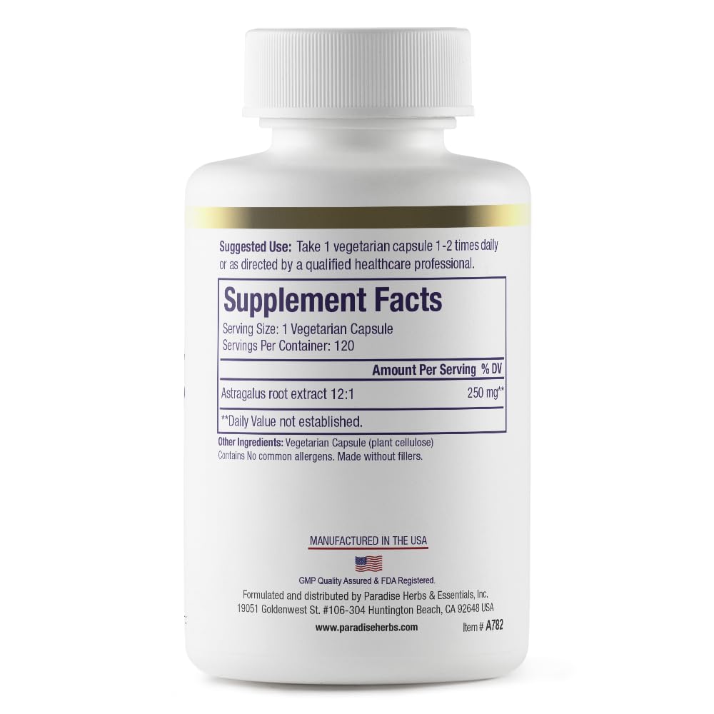 Paradise Herbs astragalus extract bottle shows non-GMO, gluten-free capsules for daily wellness