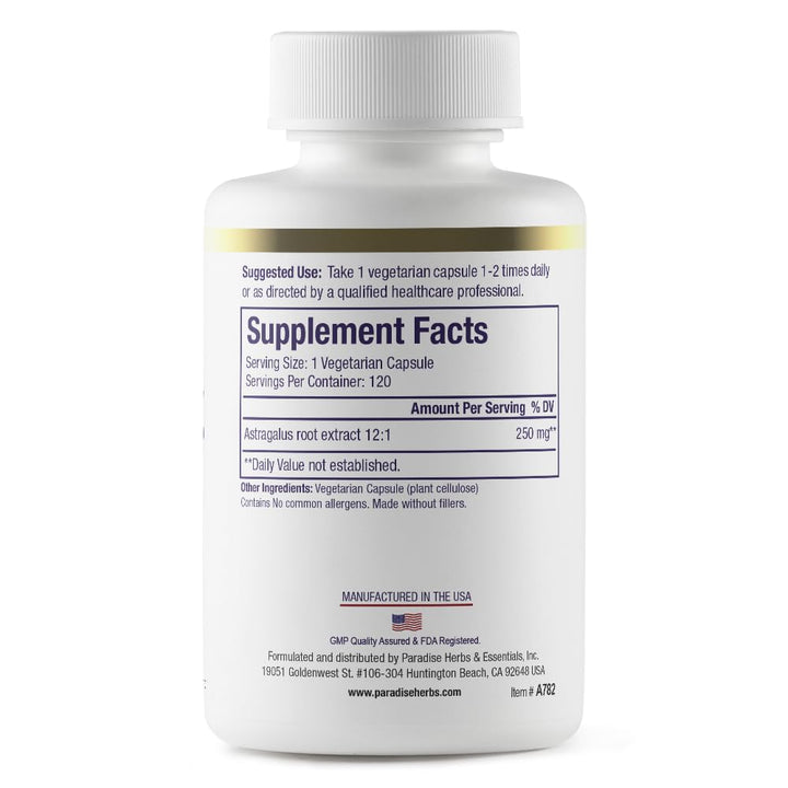 Paradise Herbs astragalus extract bottle shows non-GMO, gluten-free capsules for daily wellness