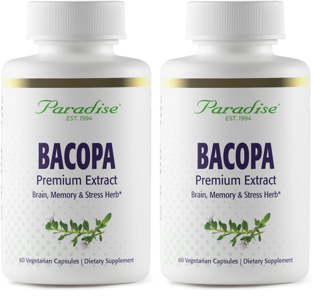 Paradise Herbs Bacopa Extract bottle and label, vegan and non-GMO