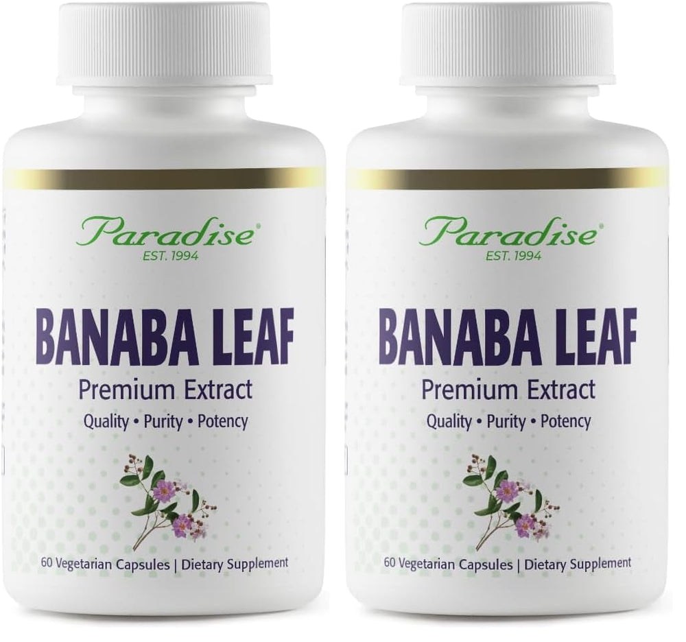 Paradise Herbs Banaba Leaf 12:1 bottle capsules close-up for daily wellness