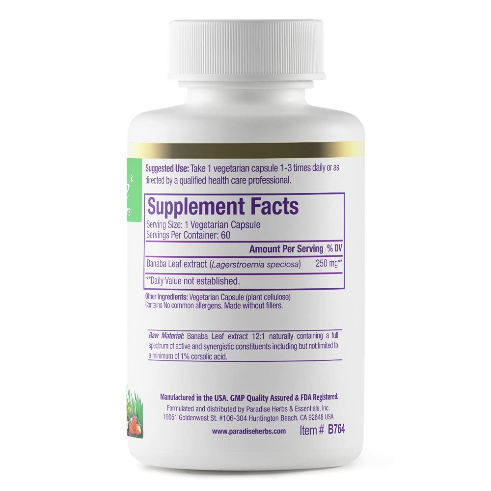 Paradise Herbs Banaba Leaf 12:1 capsules out of pack for travel