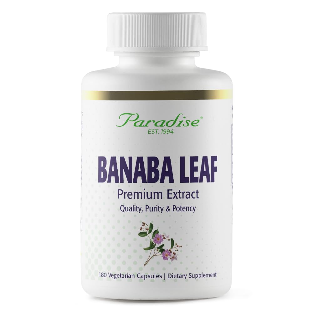 Paradise Herbs Banaba 12:1 extract bottle close-up for antioxidant support.