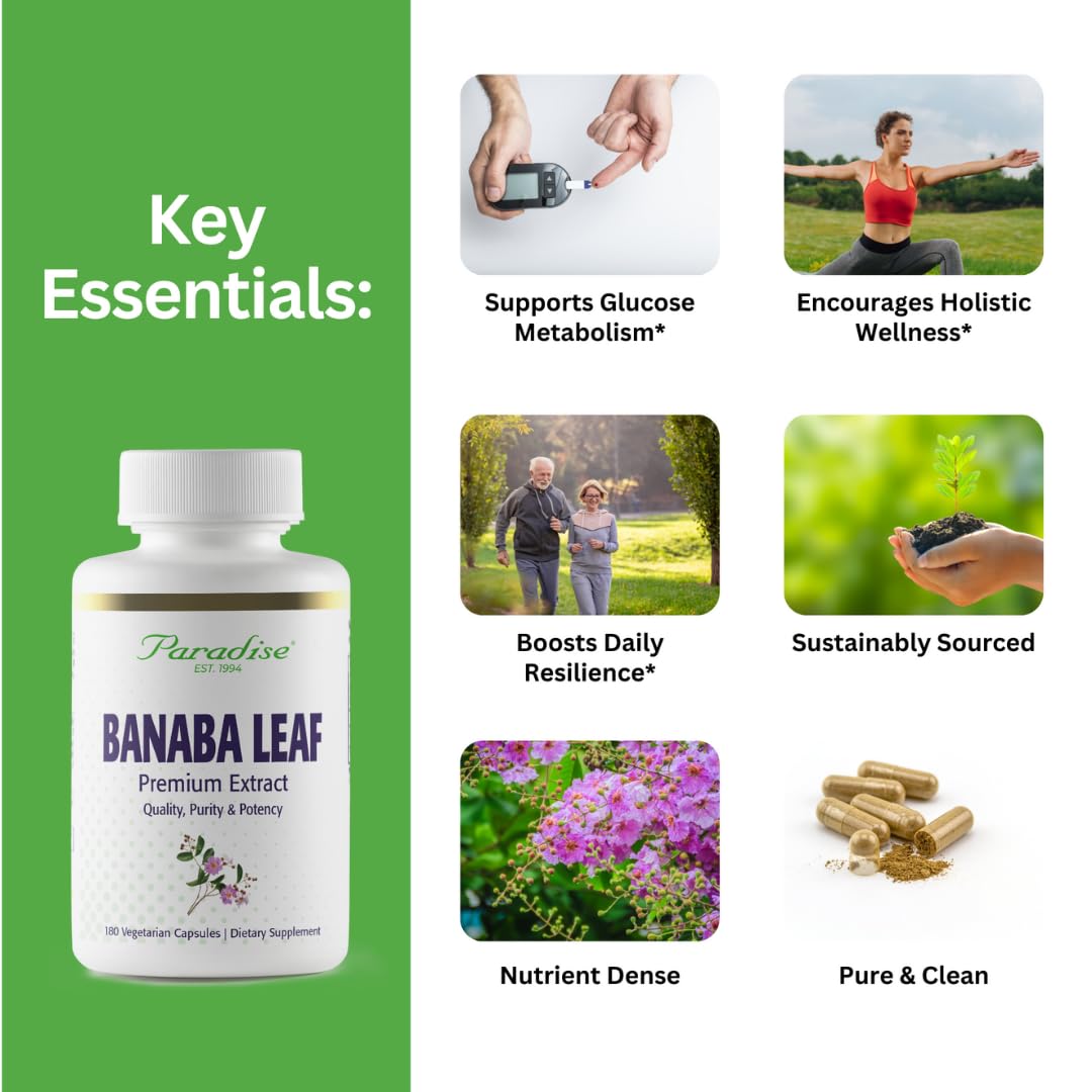 Paradise Herbs Banaba capsules pour showing easy daily use for wellness.