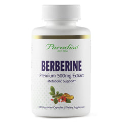 Paradise Herbs berberine extract 500 mg bottle showing vegan formulation for everyday wellness.
