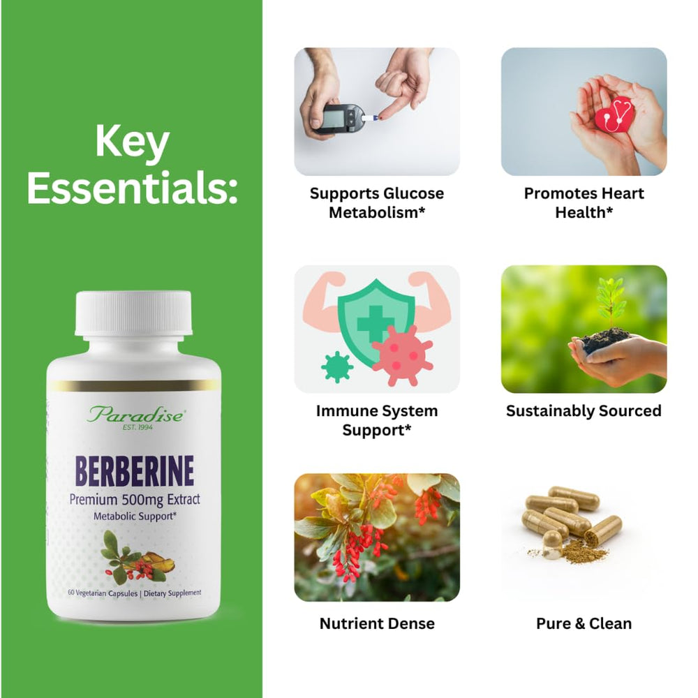 Close-up of Paradise Herbs Berberine Extract capsules for easy daily dosing.