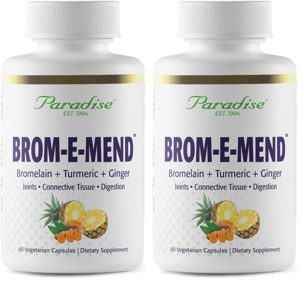 Paradise Herbs Brom-E-Mend bottle pour for easy daily nutrition support.